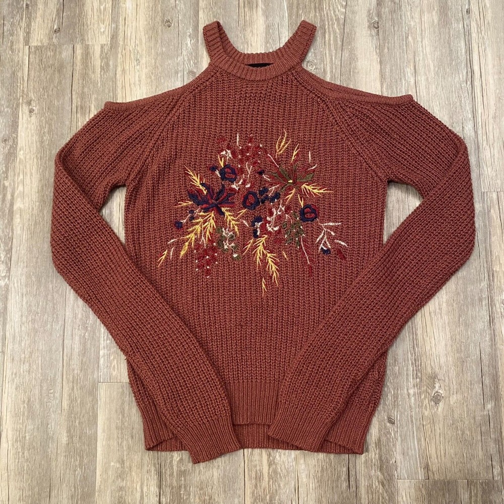 Blu Pepper Womens Sweater Red Long Sleeve Small Small Cutout Embroidered Flowers